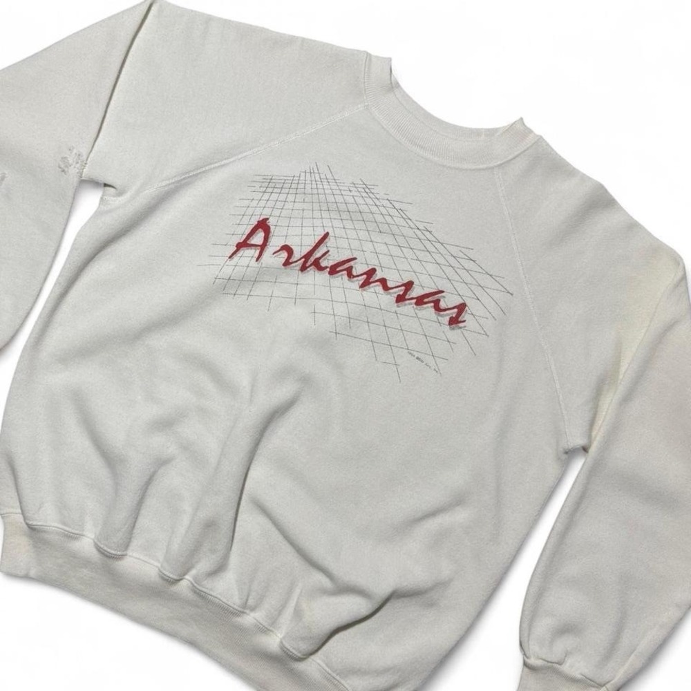 Vintage 80s Arkansas Grid Graphic Cream Pullover Crewneck L 22x25 USA Hanes - Picture 2 of 8